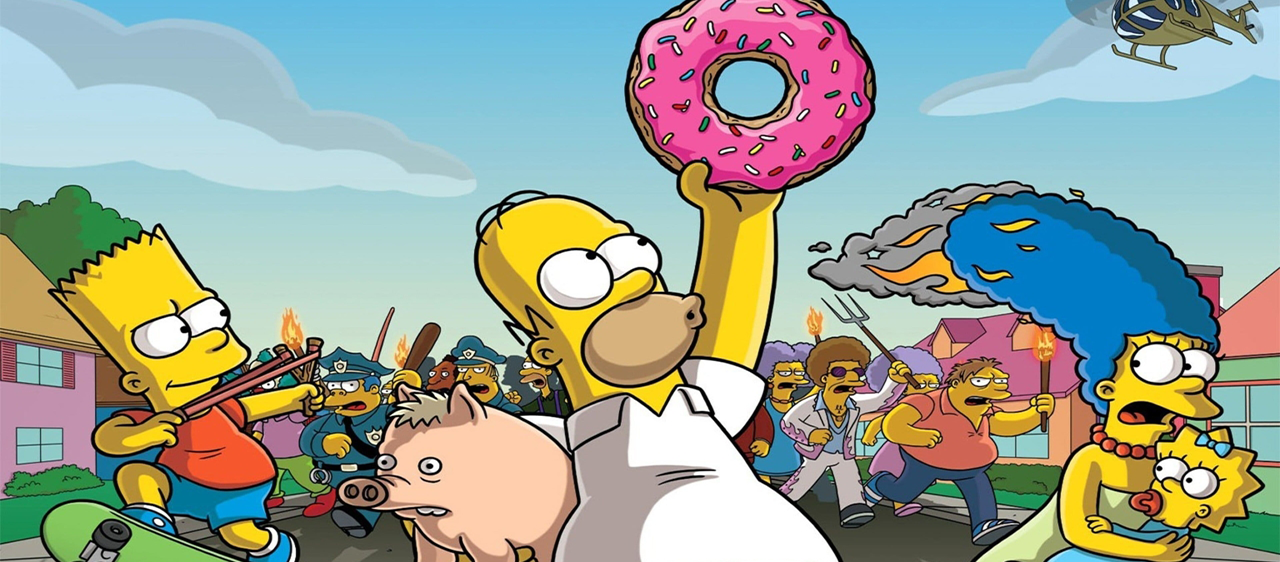 Cena do Filme onde o Homer segura o Porco e a donuts na mão.